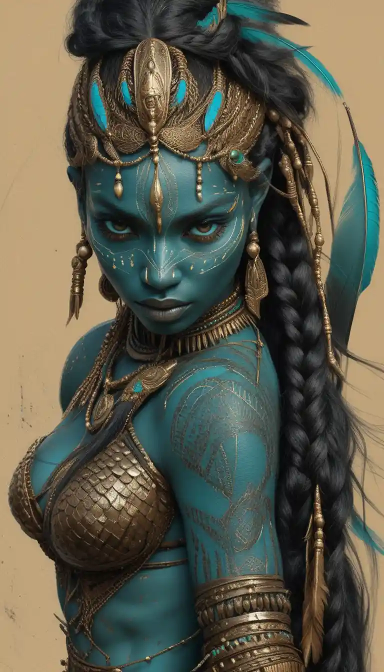 Tribal warrior queen portrait with turquoise ritual face markings