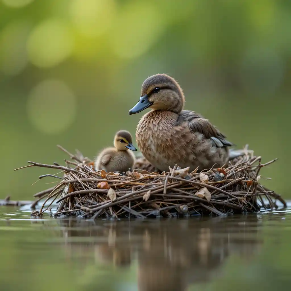 Close up duck on floating nest with hidden duckling