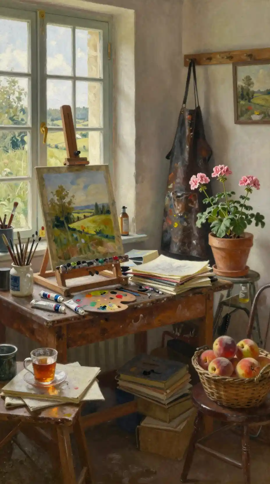 Cozy Oil Painting Of A Sunlit French Artist Studio