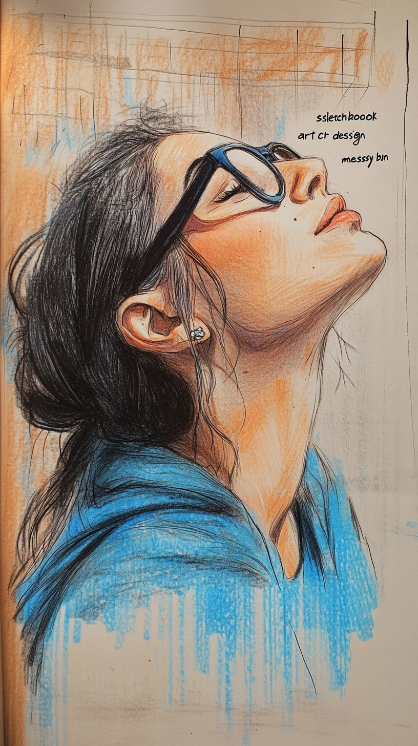 Elegant woman in profile with blue hair sketch