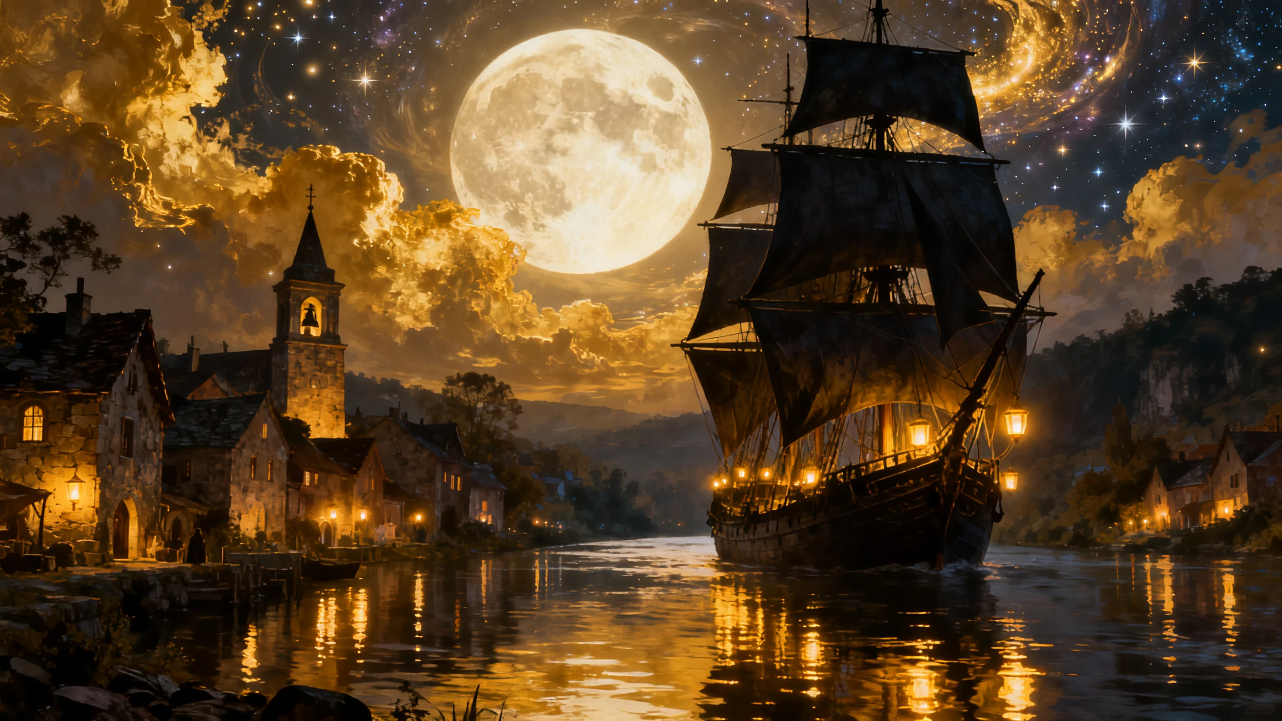 Lantern lit sailing ships on a moonlit fantasy river