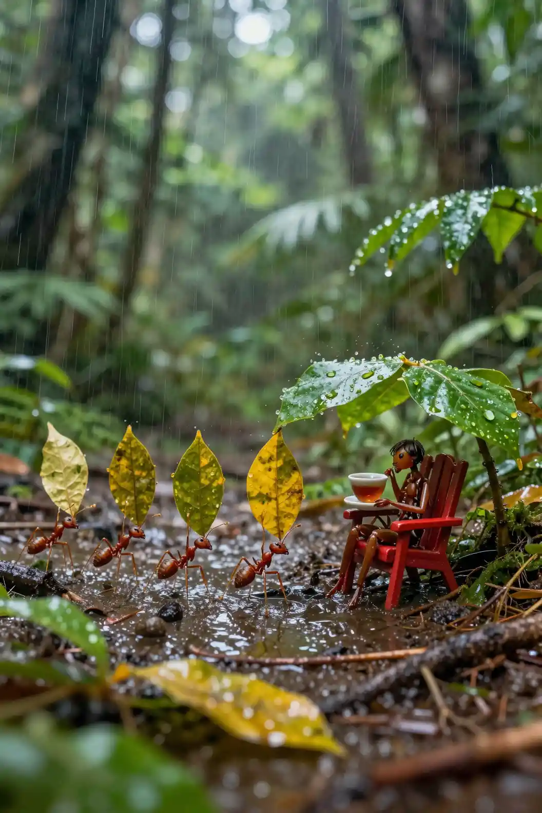 Red ants marching across a rainy rainforest floor