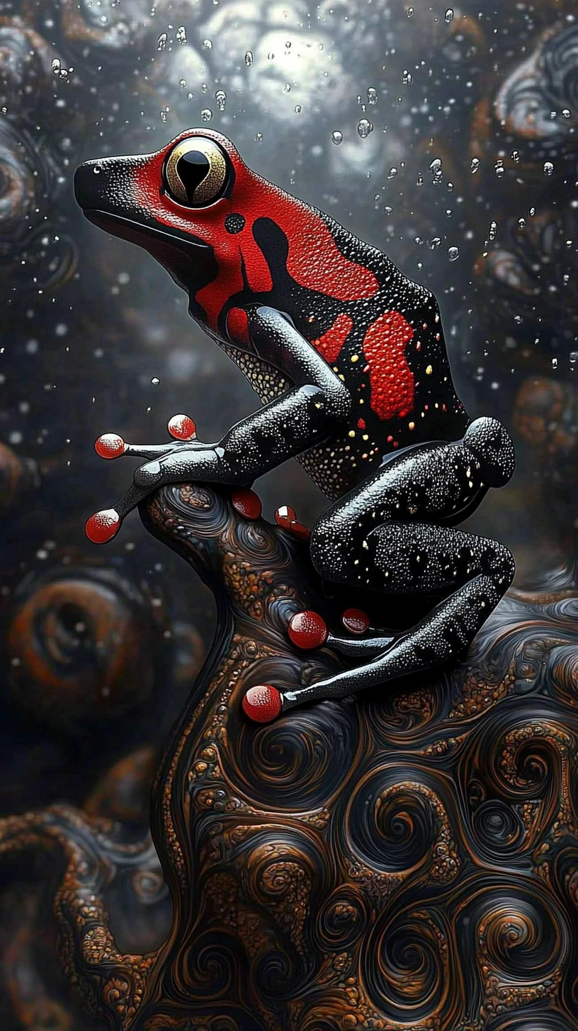 Bright poison dart frog with detailed glossy patterned skin