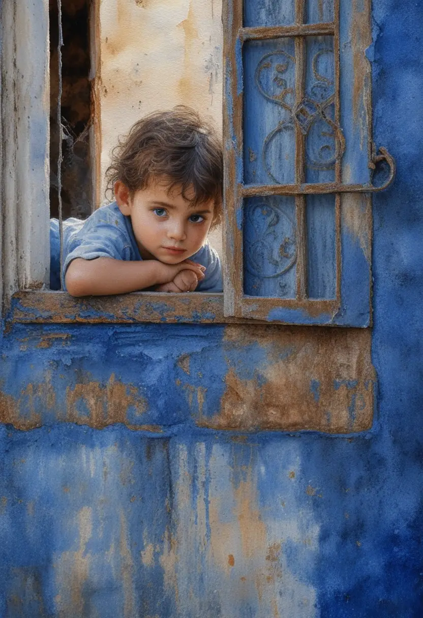 Niño pequeño en ventana rústica en pintura al óleo mediterránea