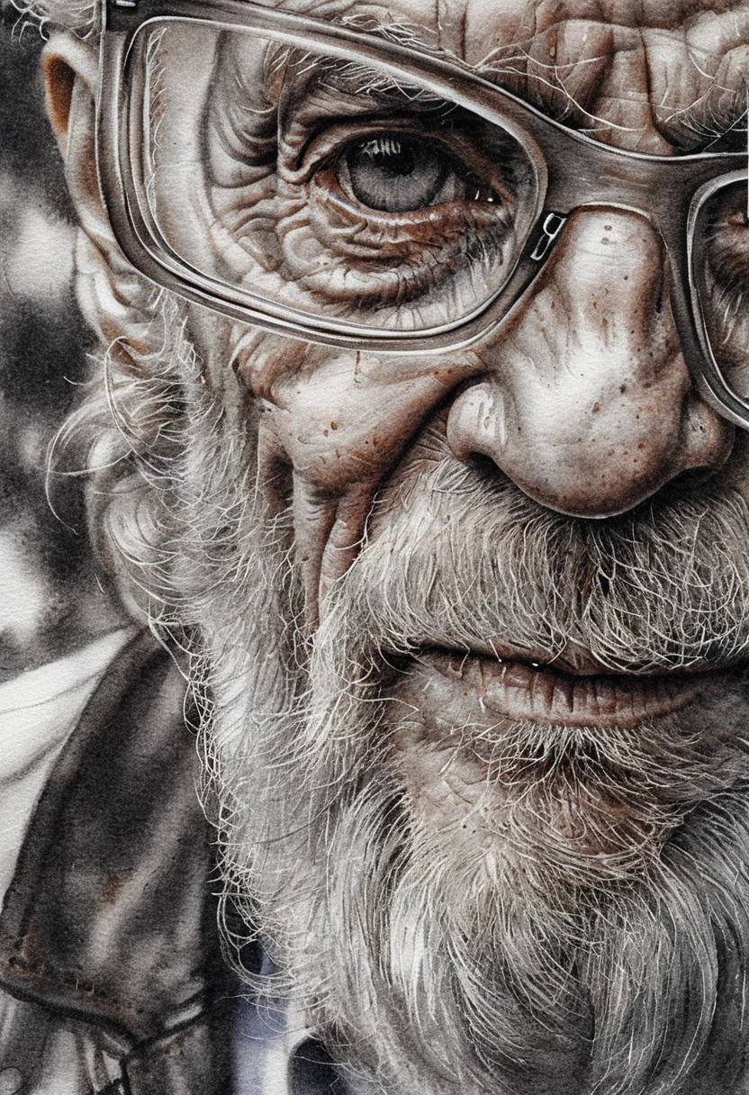 Close up pencil portrait of an aging man in glasses