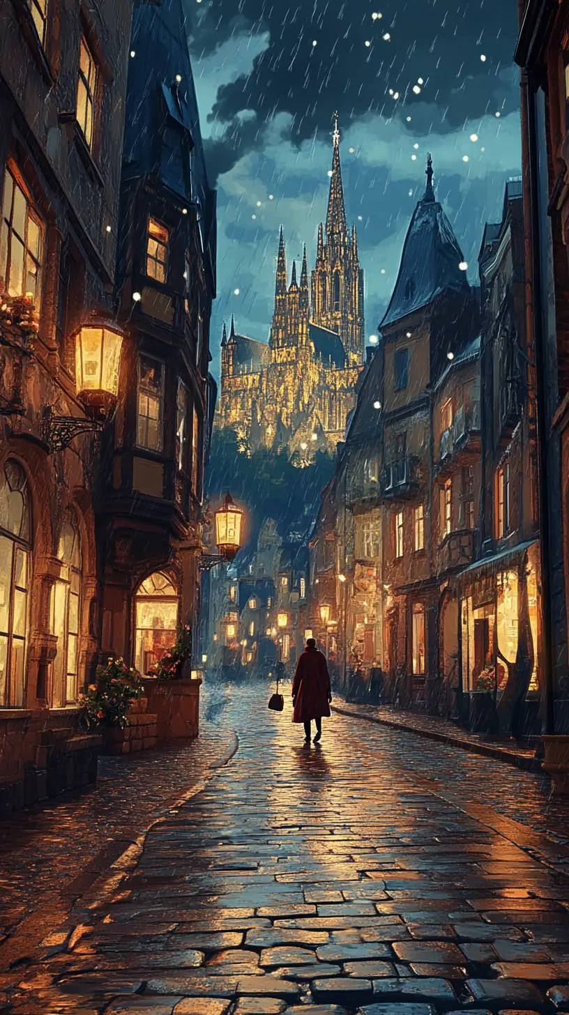 Lonely figure walking through a lantern lit cobblestone street
