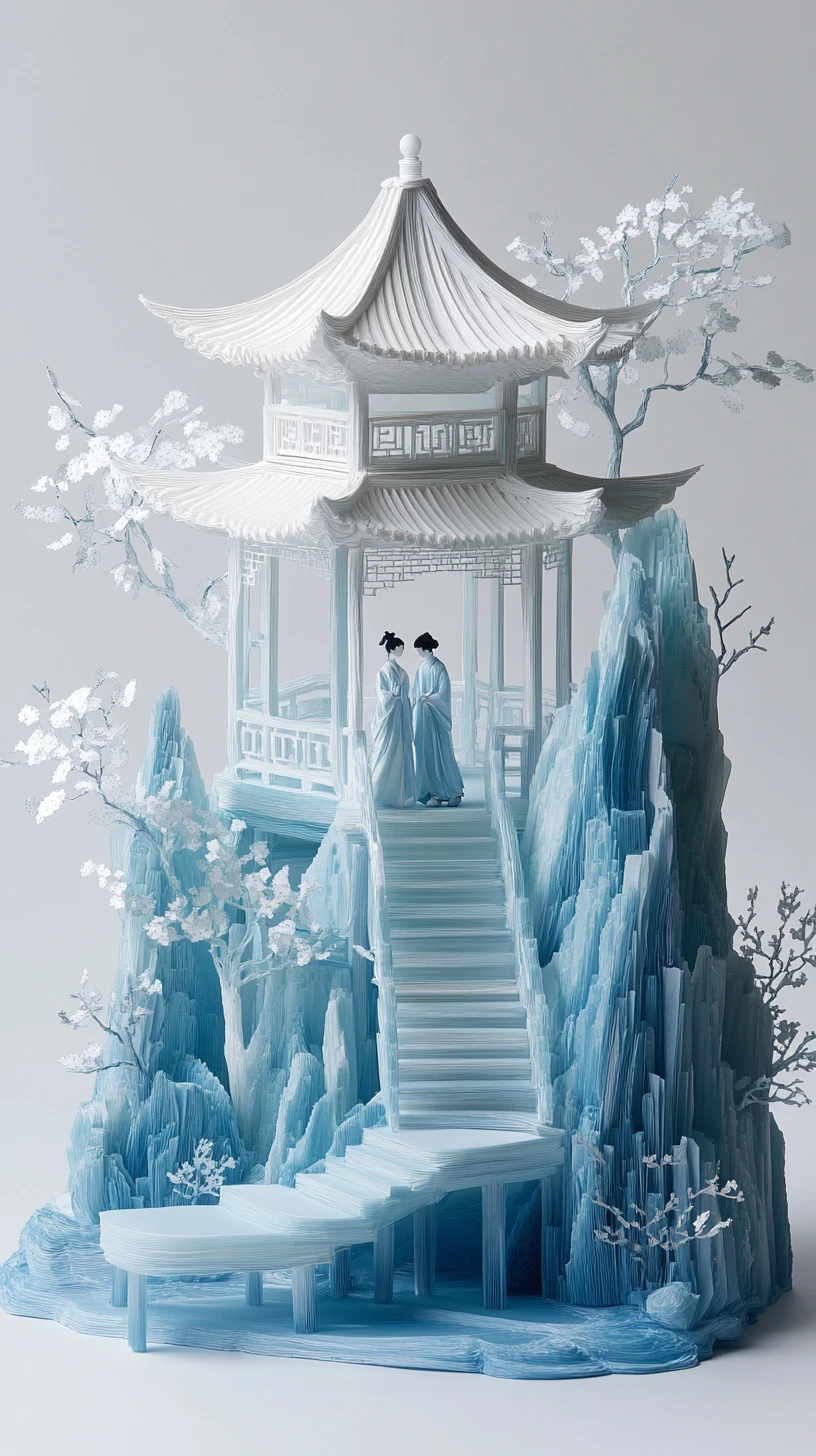 Padiglione di Montagna Cinese in Papercraft con Due Figure in Hanfu
