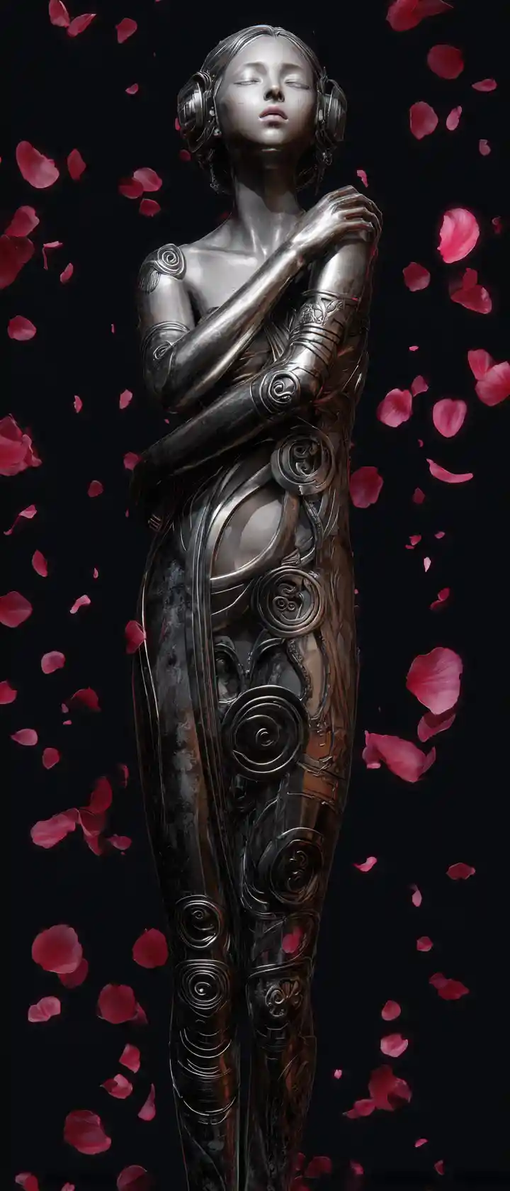 Melancholic crystal woman statue against dark falling petals