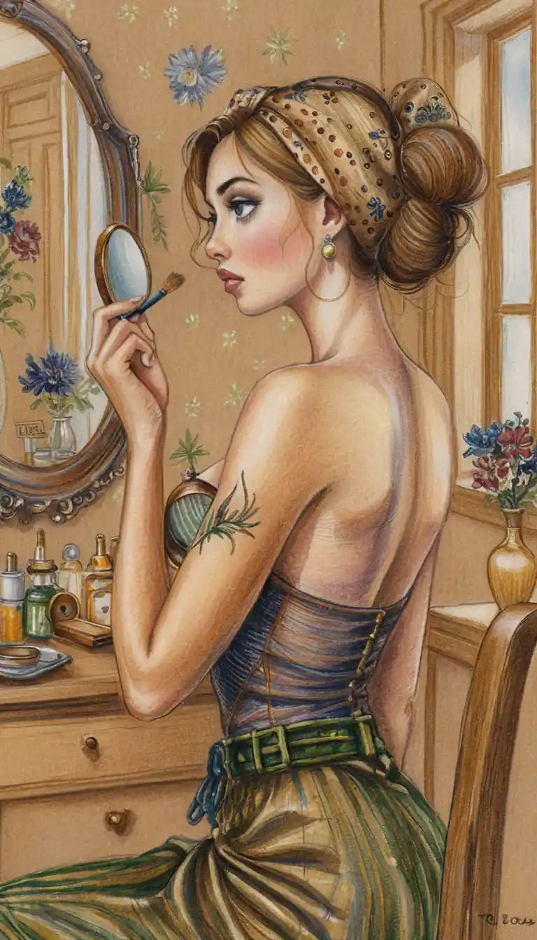 Pin-up blonde appliquant du rouge à lèvres devant une coiffeuse vintage