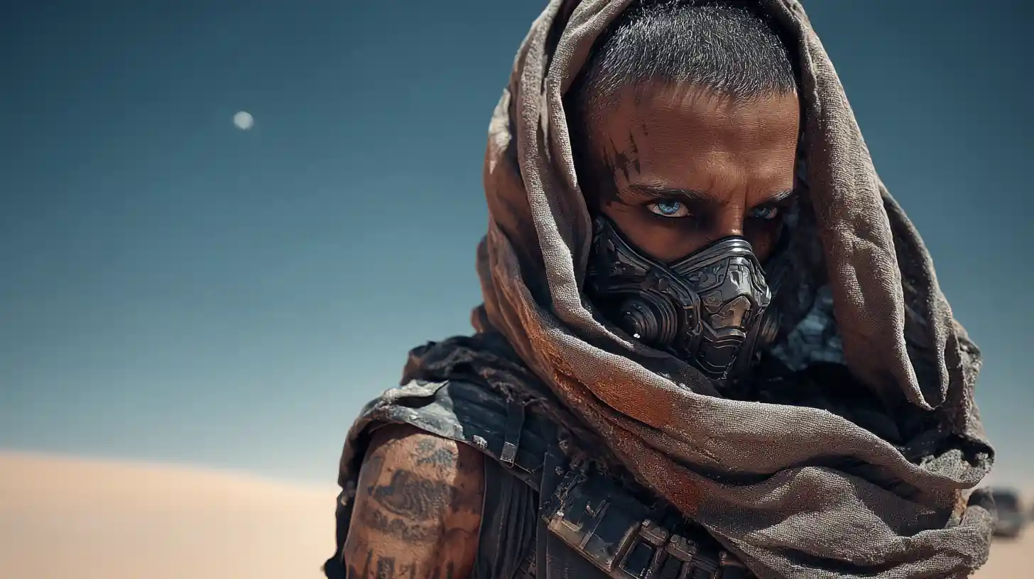 Uomo calvo sci-fi con maschera respiratoria nel deserto