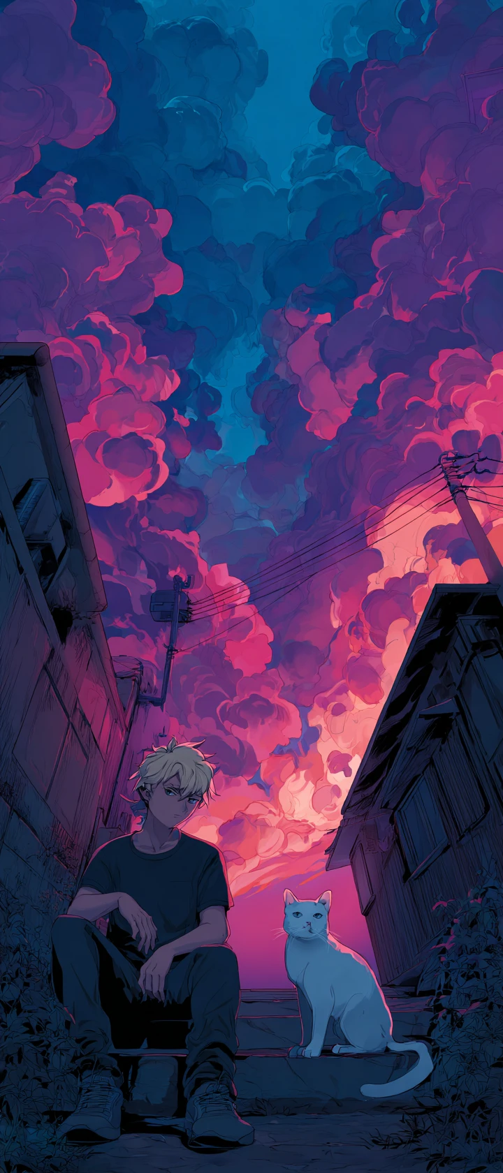 Garoto de anime nos degraus do beco com gato branco ao anoitecer