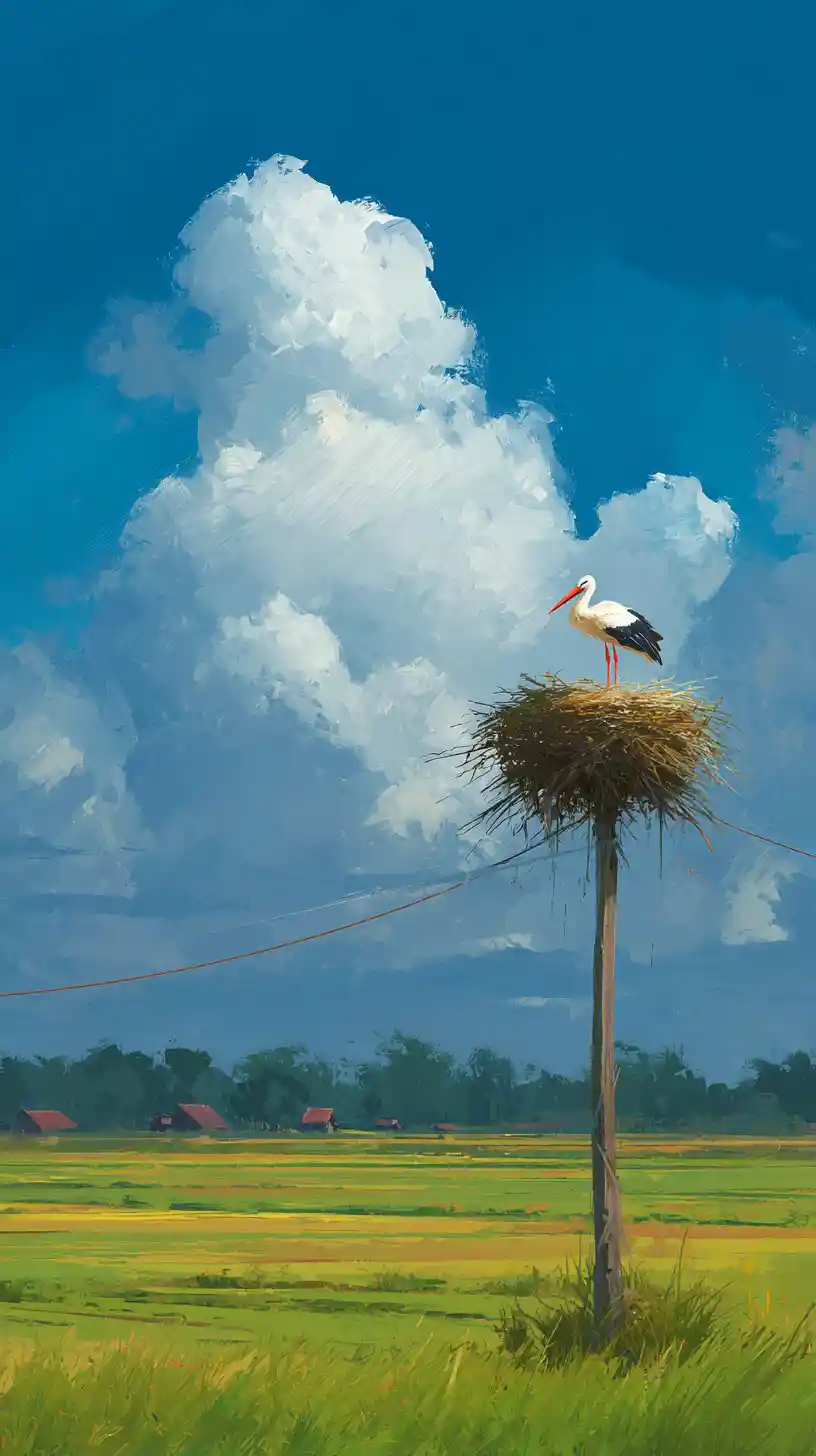 Stork Standing On A Nest Above A Vast Green Field
