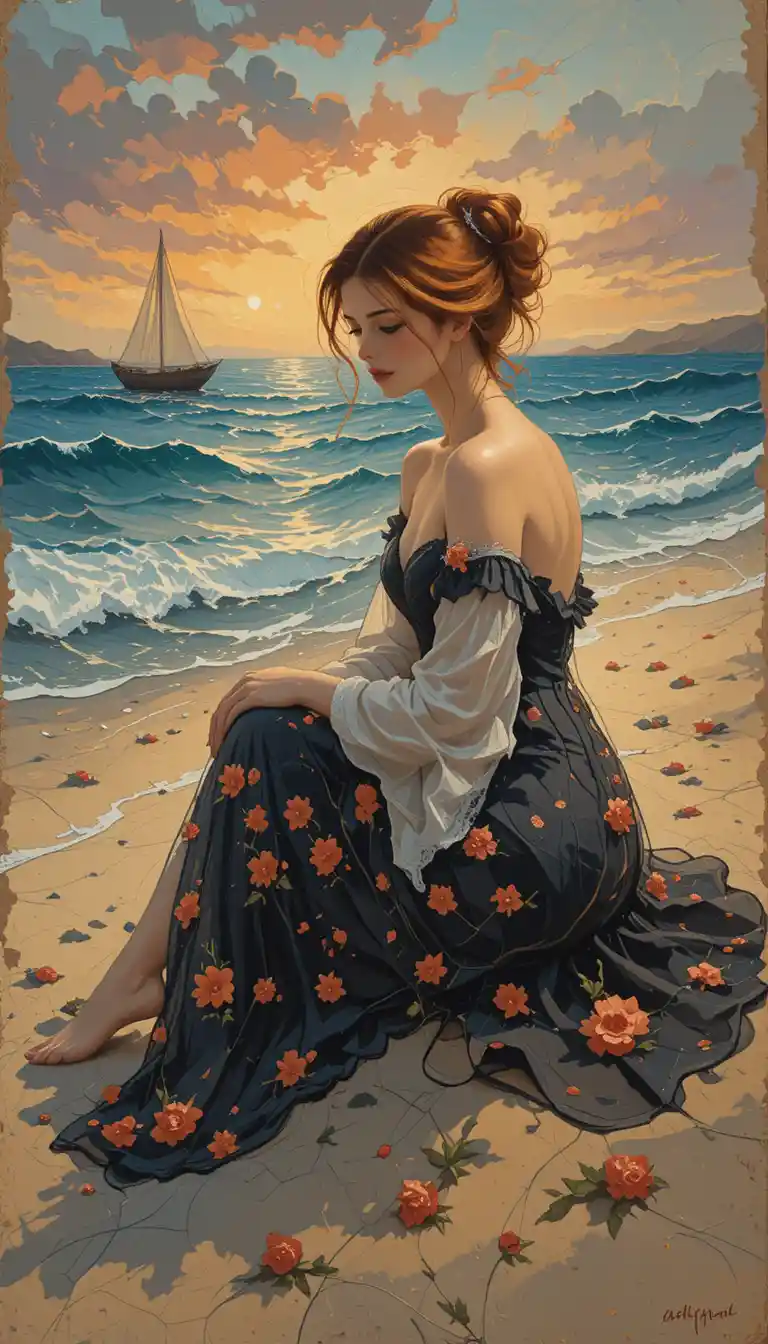 Red haired woman in floral dress by the ocean at sunset