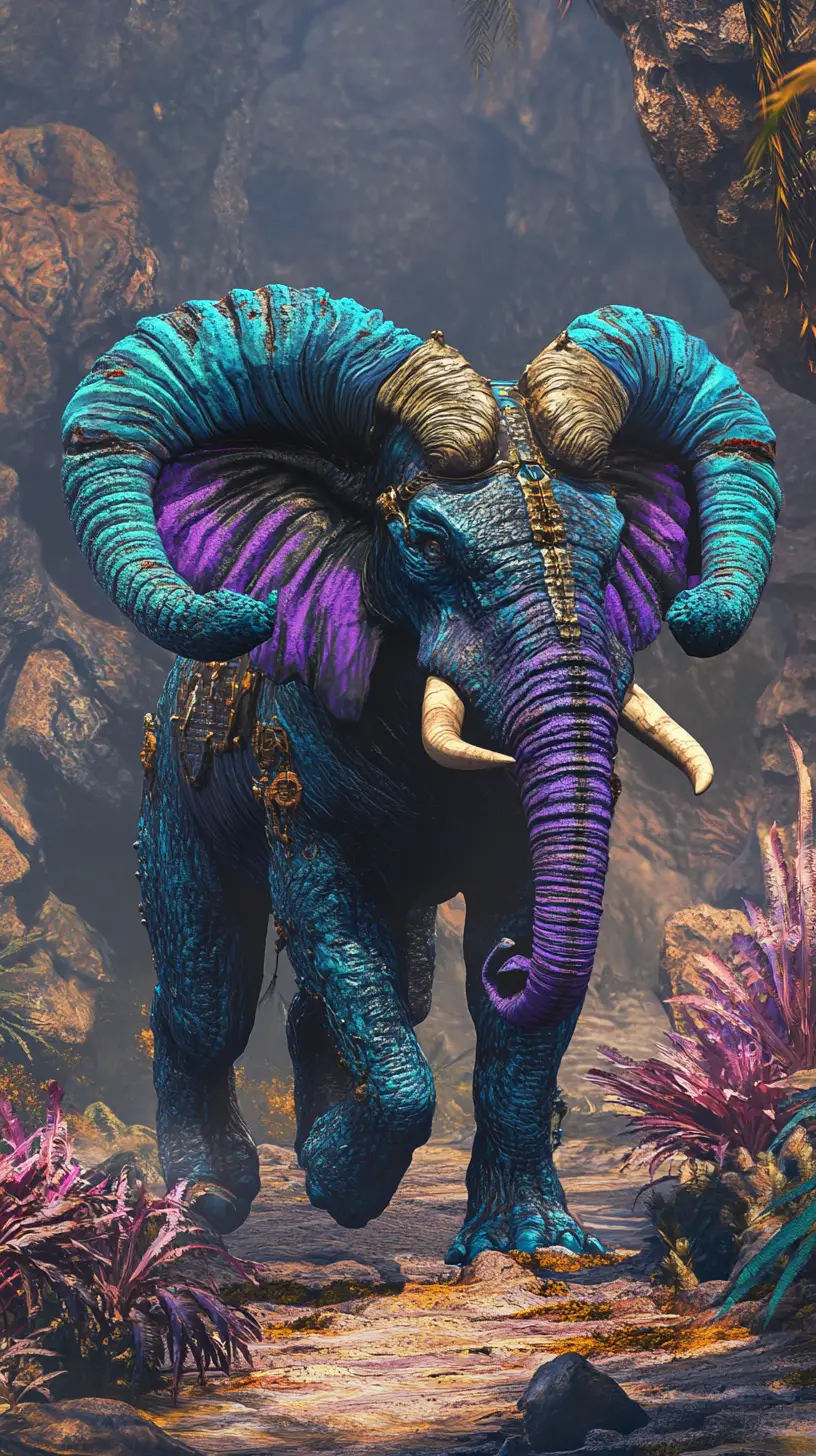 Surreal sci fi elephant ram hybrid in prehistoric jungle