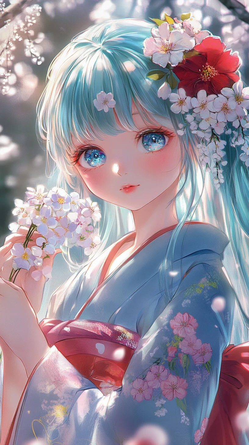Anime girl in floral kimono under cherry blossoms