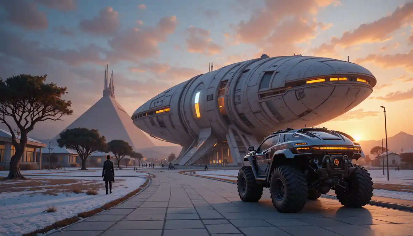 Armored vehicle at sunset in a snowy desert landscape