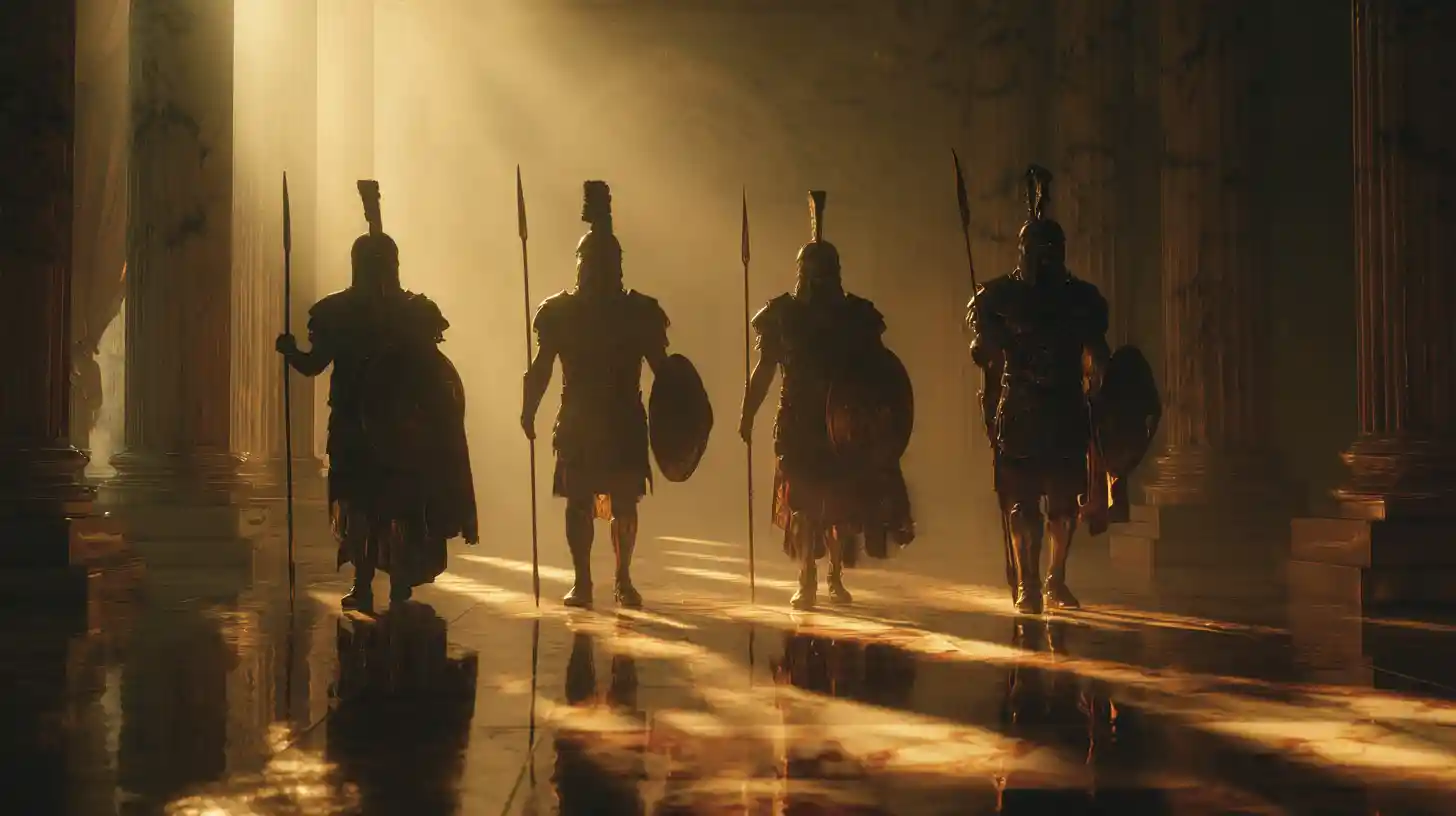 Honorable warrior at stone gate in ancient Roman city