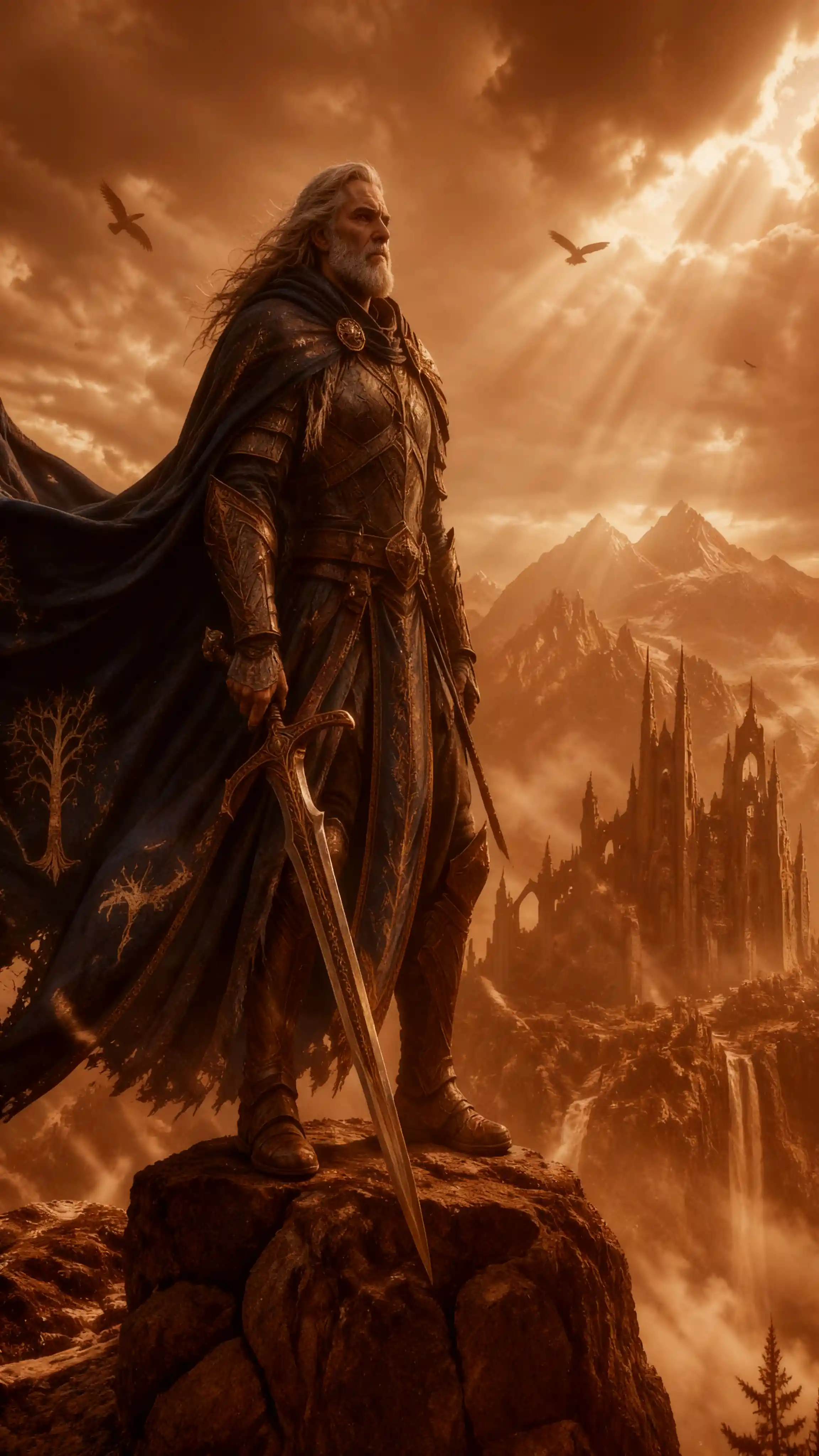 Lone warrior on a windswept hill beneath gathering storm clouds