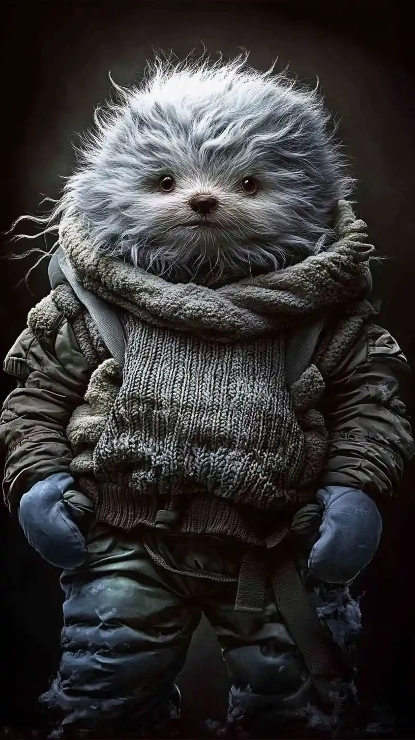 Cute arctic creature bundled in layered winter clothing