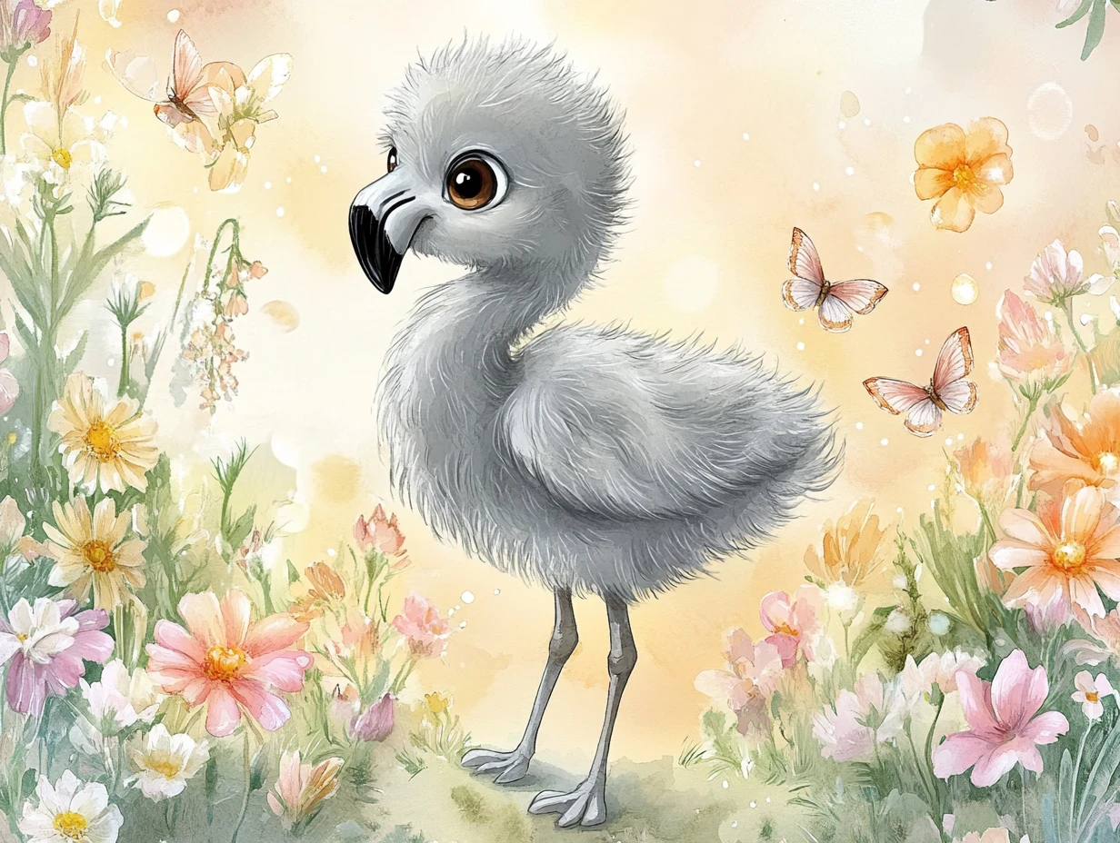 Adorable Baby Flamingo In Watercolor Wildflower Meadow