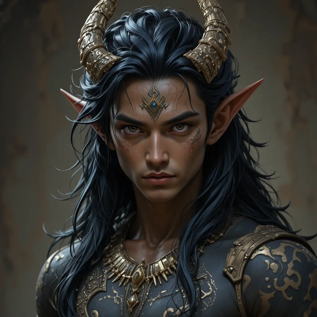 Brown skinned dragon man with long black hair and eliatrope ears