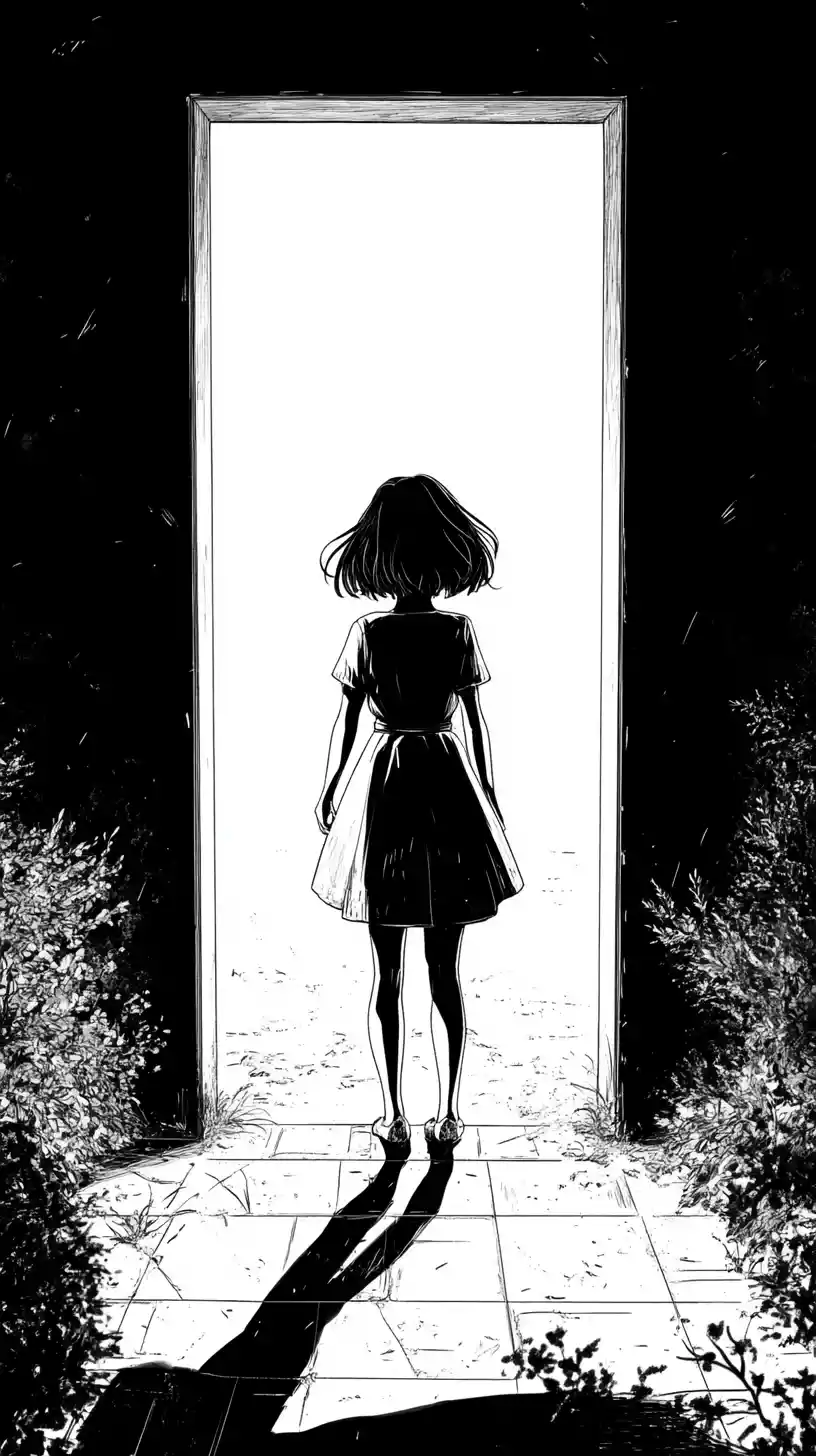 Girl silhouette in a tall backlit doorway with long shadows