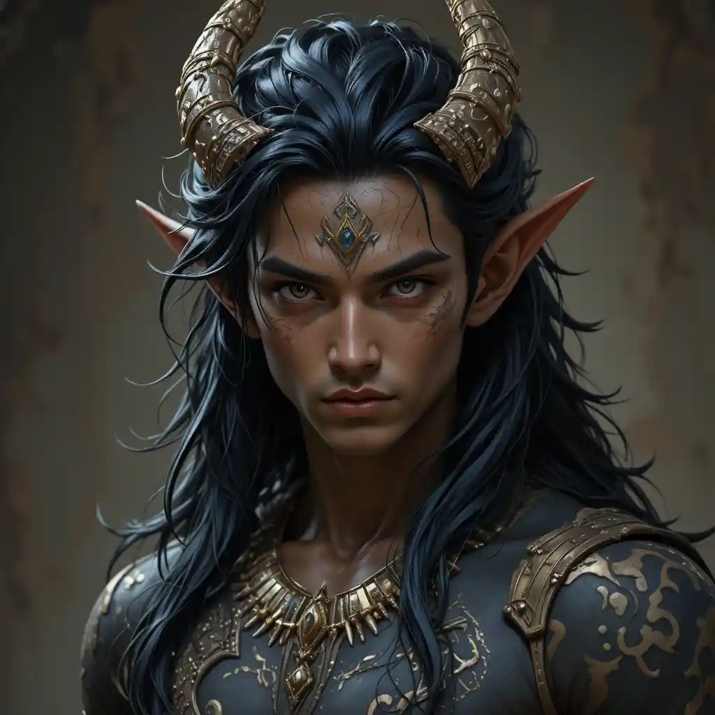 Brown skinned dragon man with long black hair and eliatrope ears