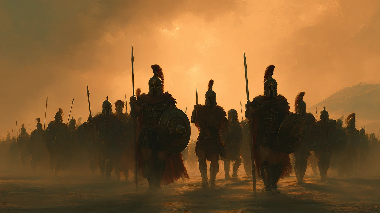 Serene classical warrior scene in soft golden light