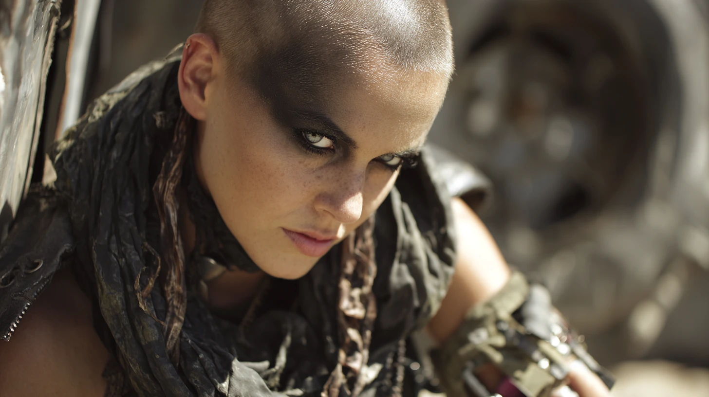 Bald woman with mechanical arm in post apocalyptic cloak