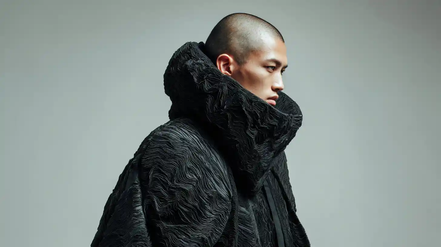 Futuristisches männliches Model in blassschwarzer Strukturjacke