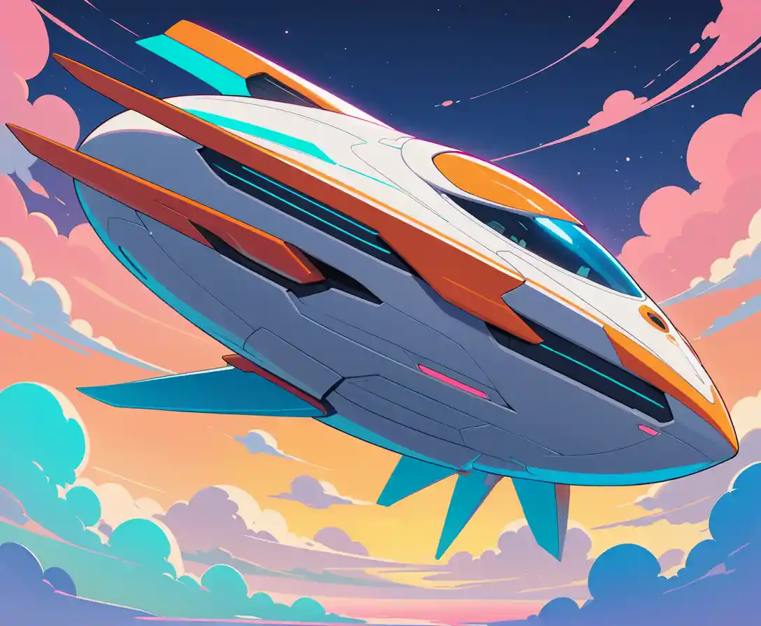 Nave espacial sci-fi futurista deslizando por um espaço abstrato e colorido