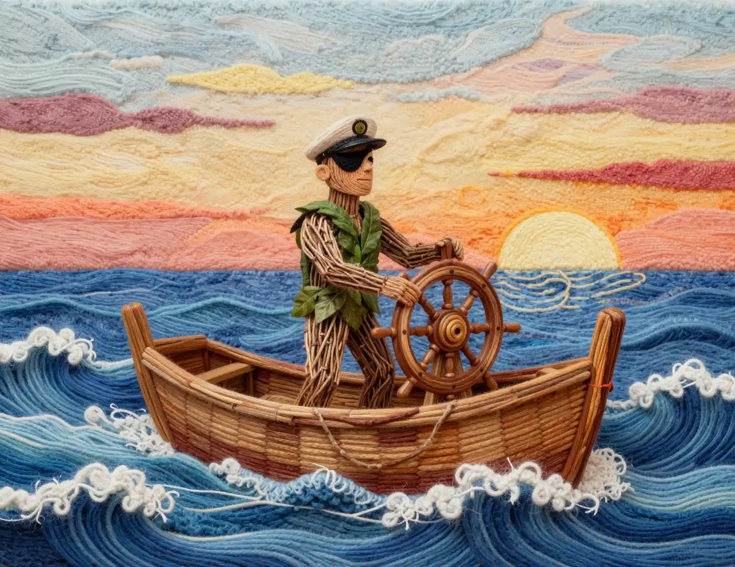 Veliero tessile guidato da un capitano-ramo in mare aperto