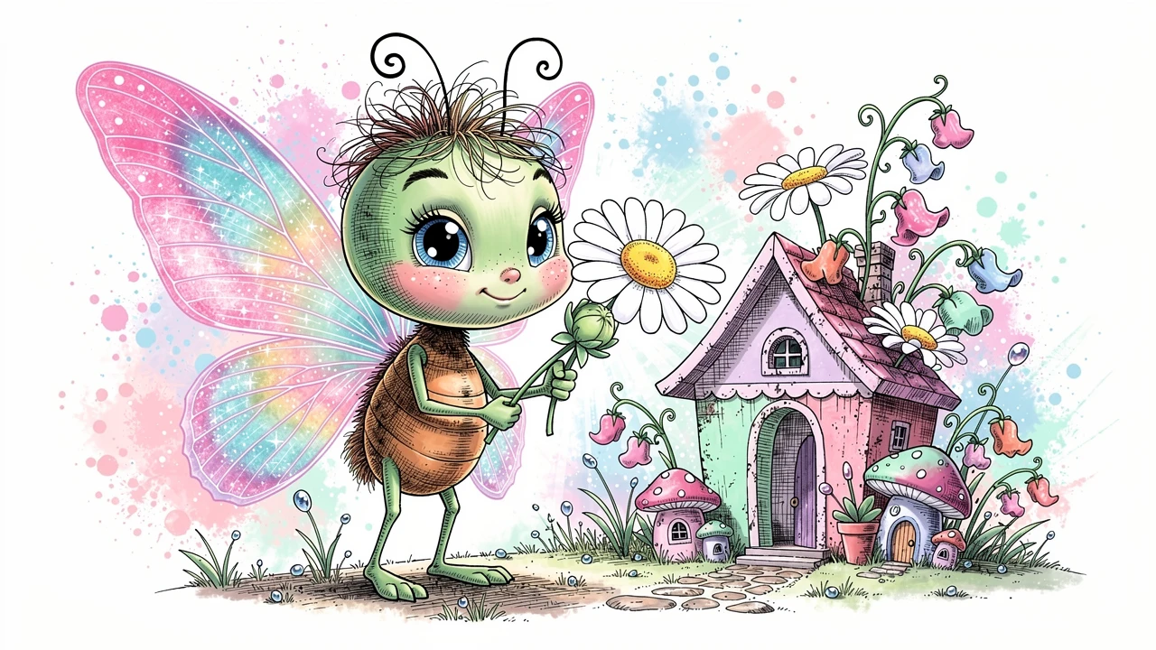 Whimsical Butterfly Character Holding Daisy In Fairy Garden