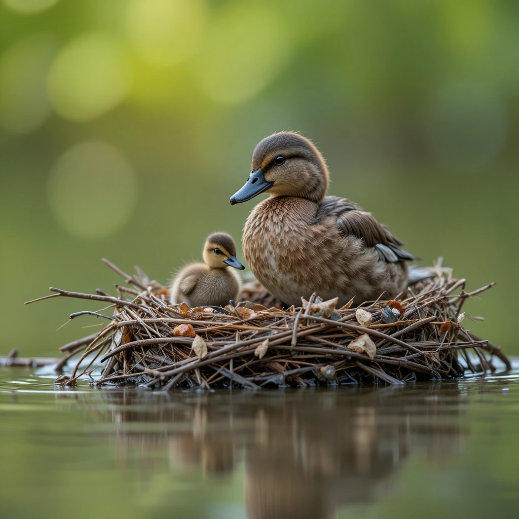 Close up duck on floating nest with hidden duckling
