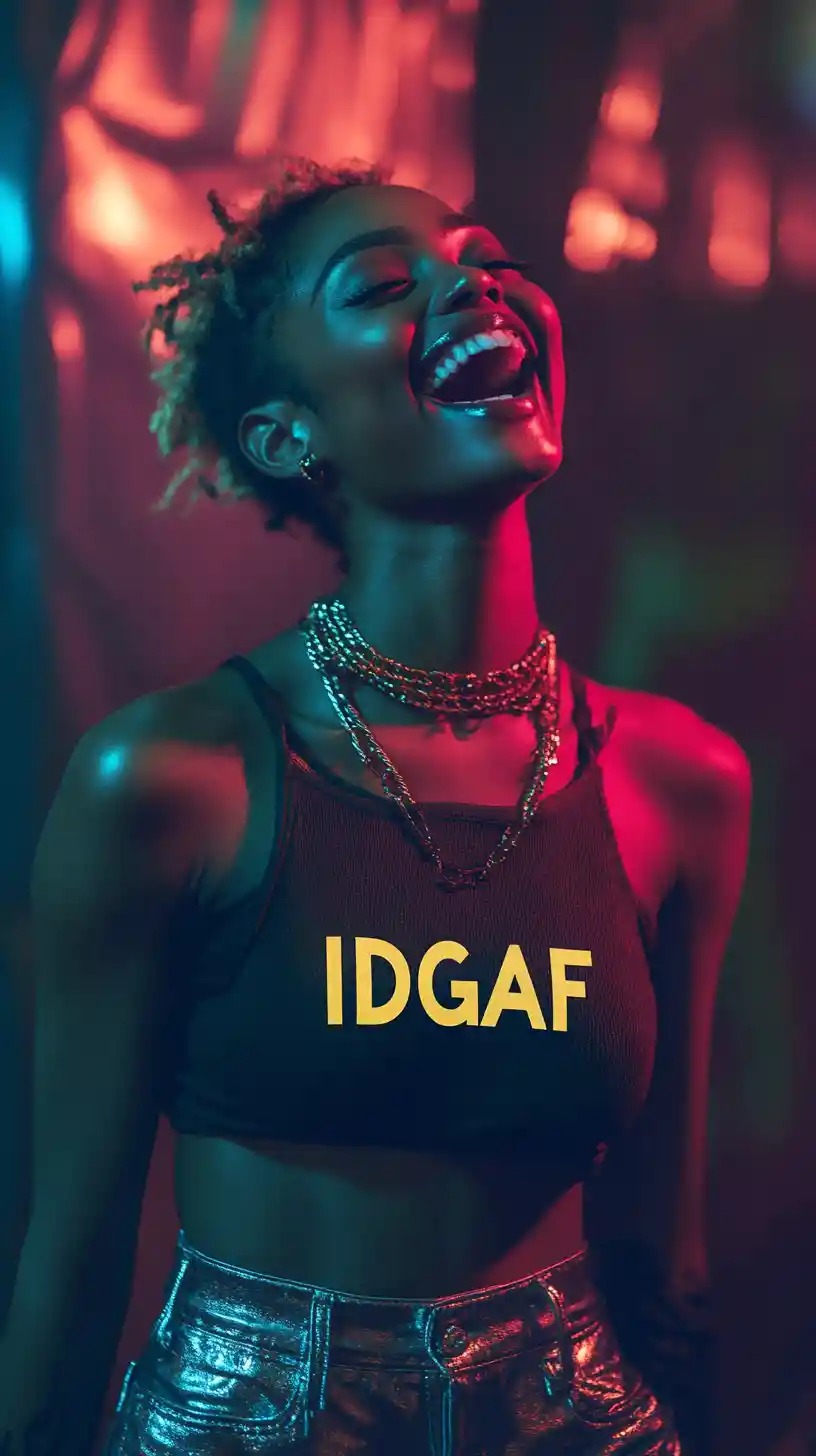 Laughing ebony Afrofuturistic model in bold graphic outfit