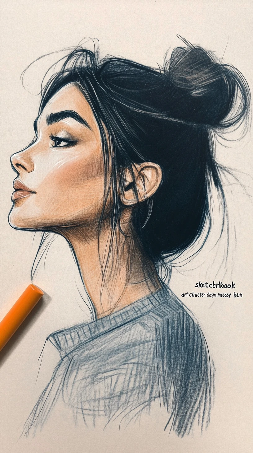 Elegant profile portrait of a blue haired woman in striped turtleneck