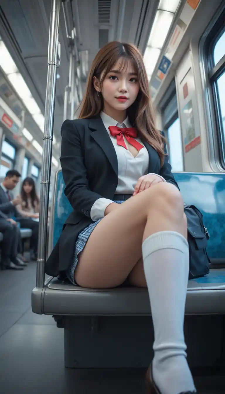 Japanese schoolgirl sitting on a train seat in uniform