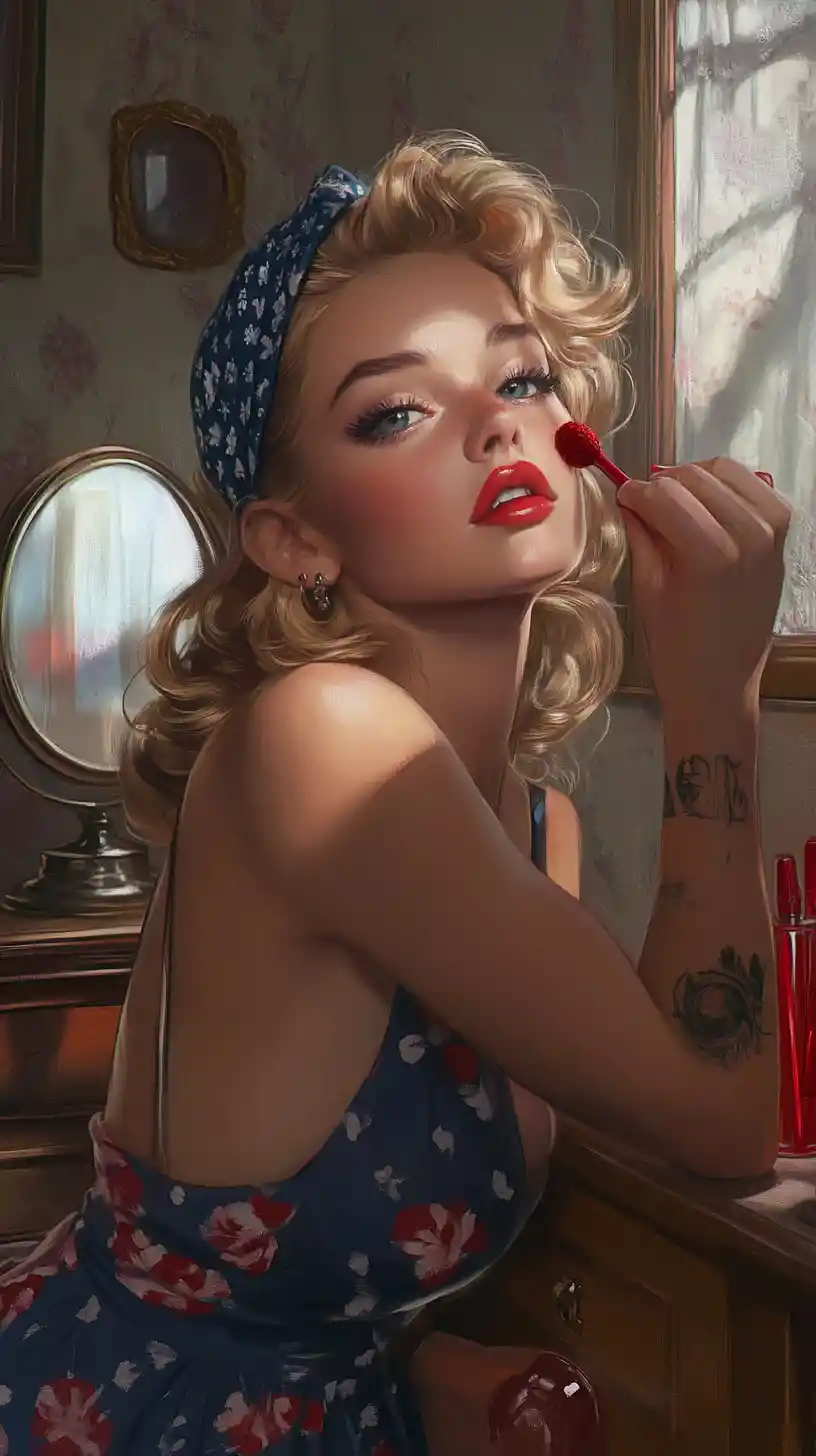 Blonde woman applying red lipstick at a vintage vanity