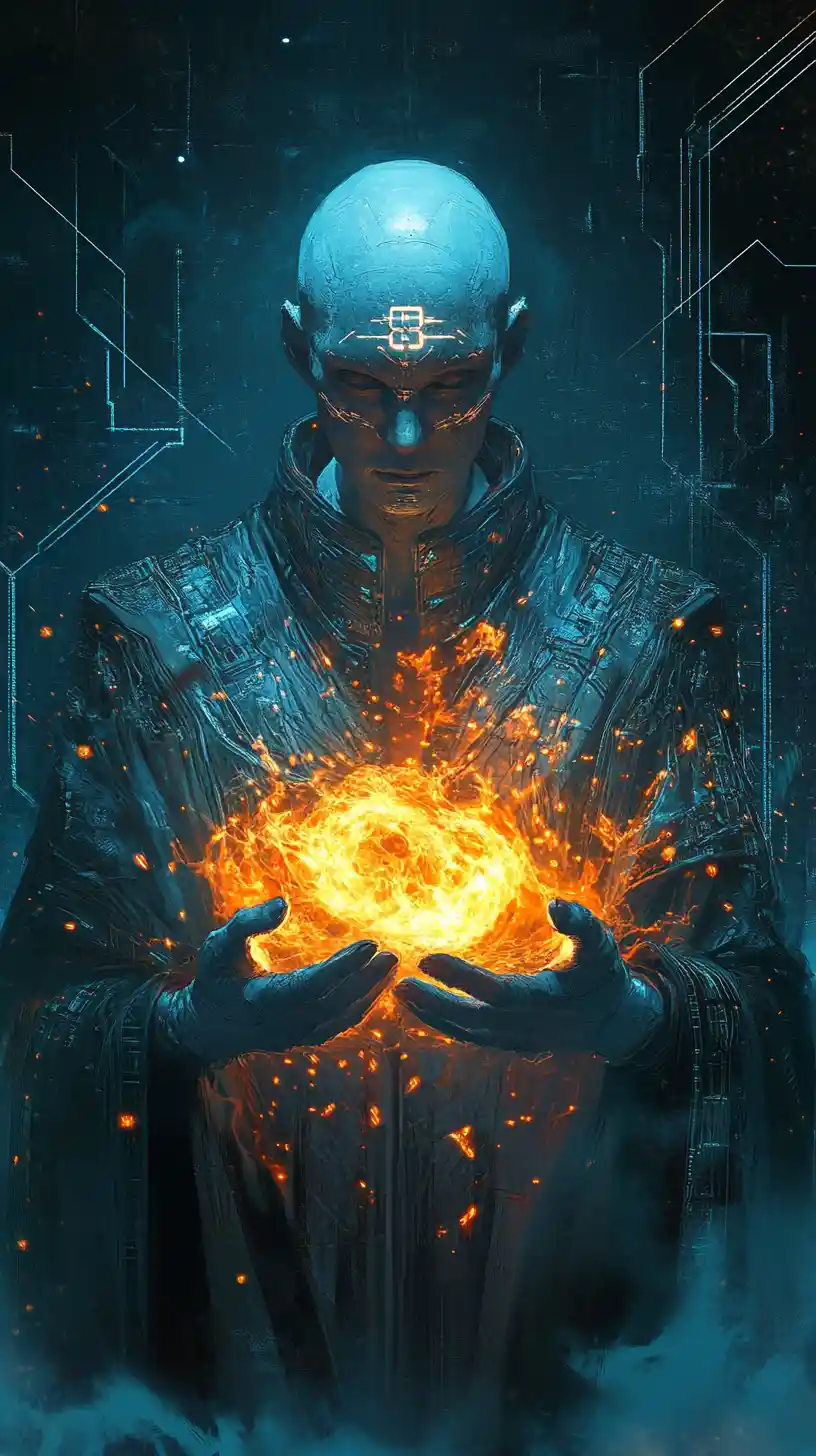 Cybernetic robed figure cradling glowing orange energy