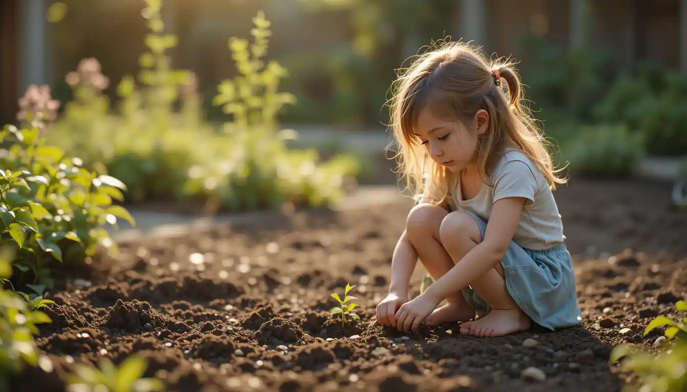 Young girl watching planted seeds in a sunlit garden