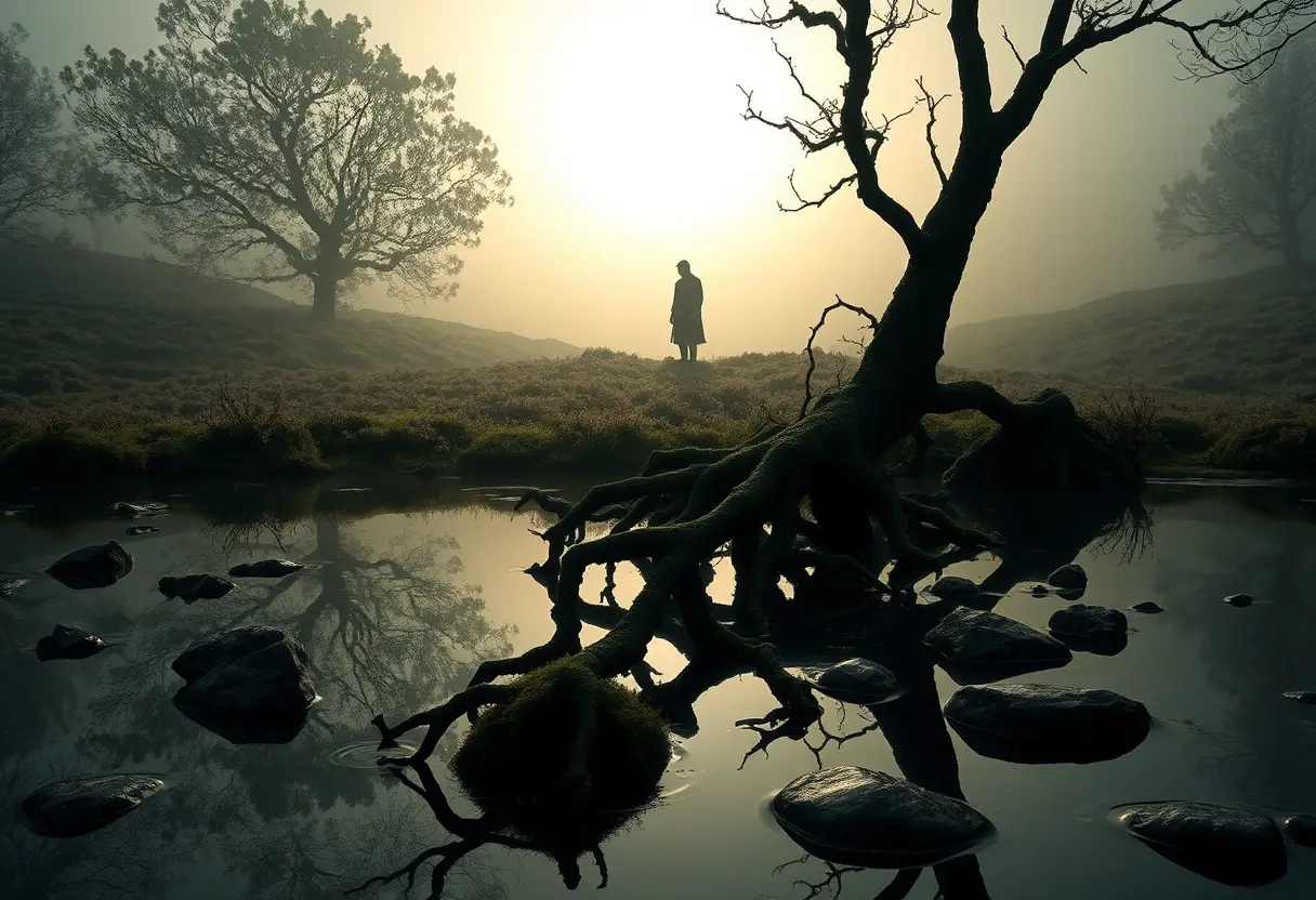 Lone figure fading into a misty heather moor at dawn