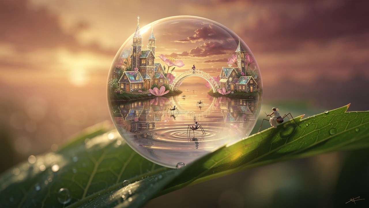 Whimsical Miniature City Floating On A Dewdrop At Sunset