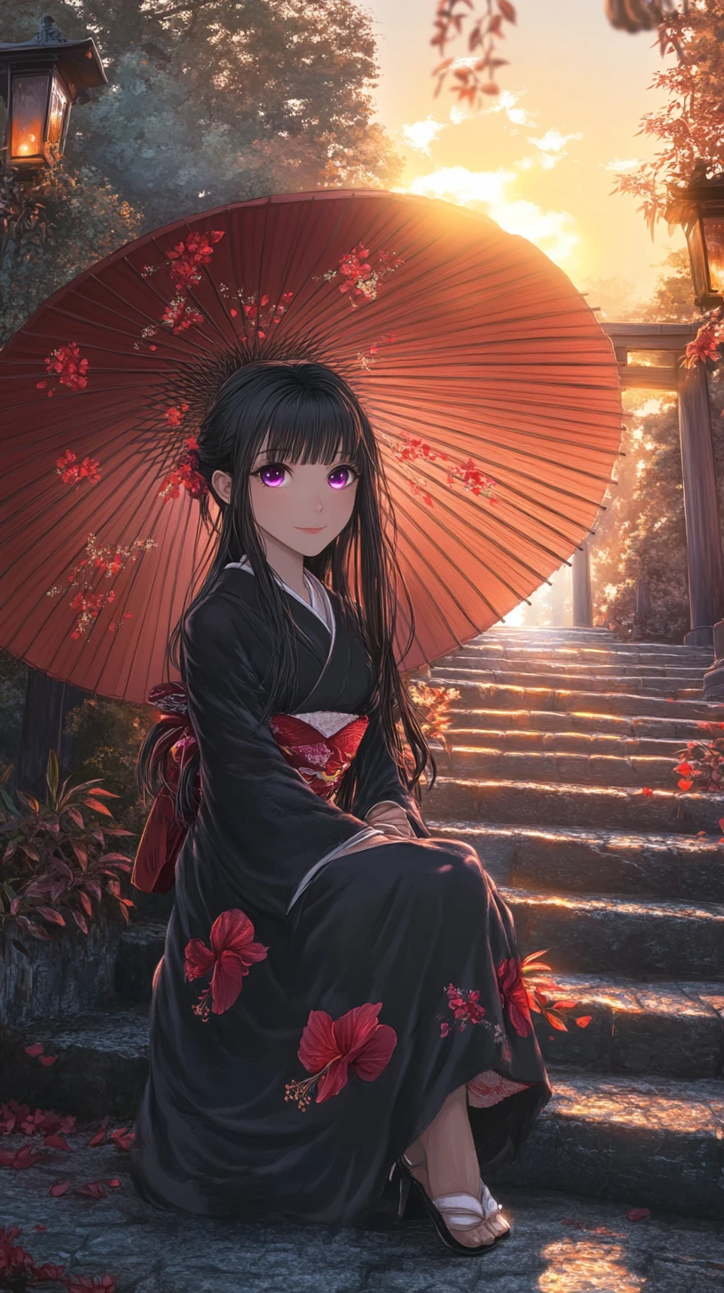 Anime girl in black kimono on stone temple steps