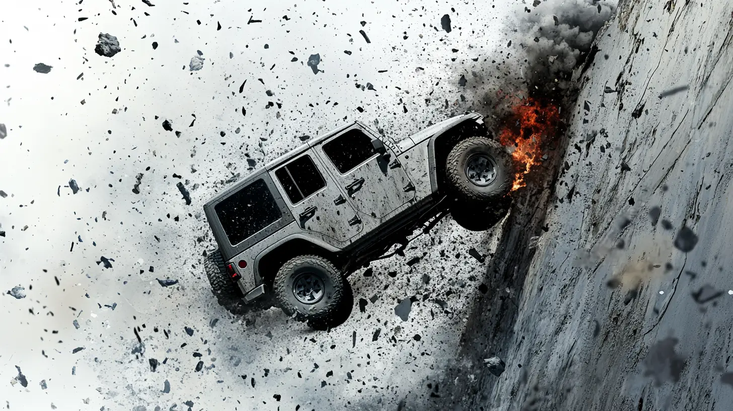 Lifted jeep smashing through a concrete wall in vector art