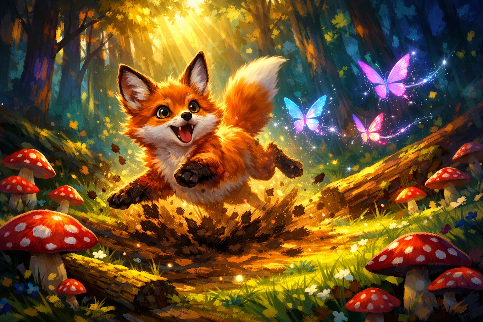 Playful fox digging in a colorful enchanted forest clearing