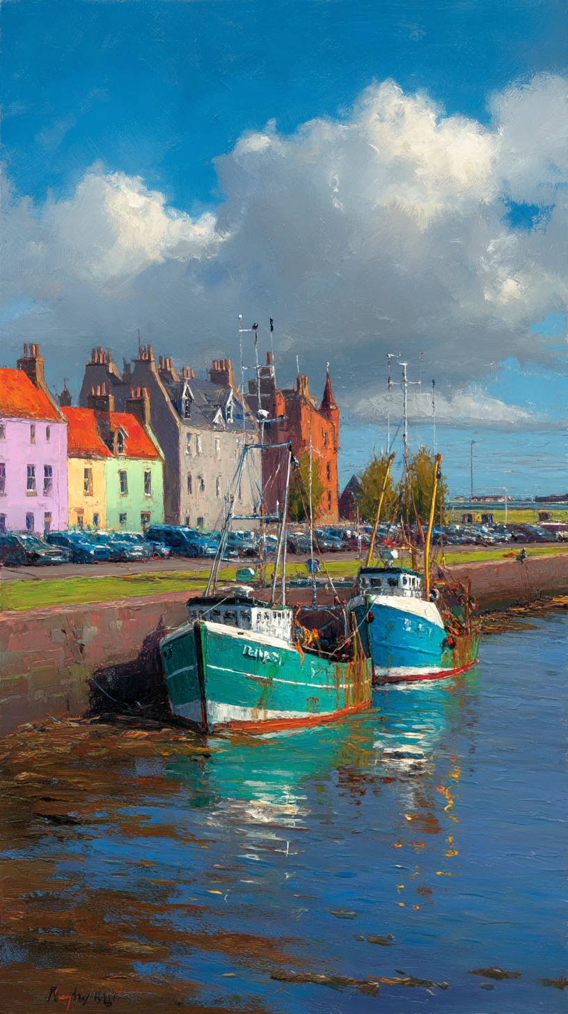 Barcos de pesca en el puerto de un colorido pueblo costero – pintura