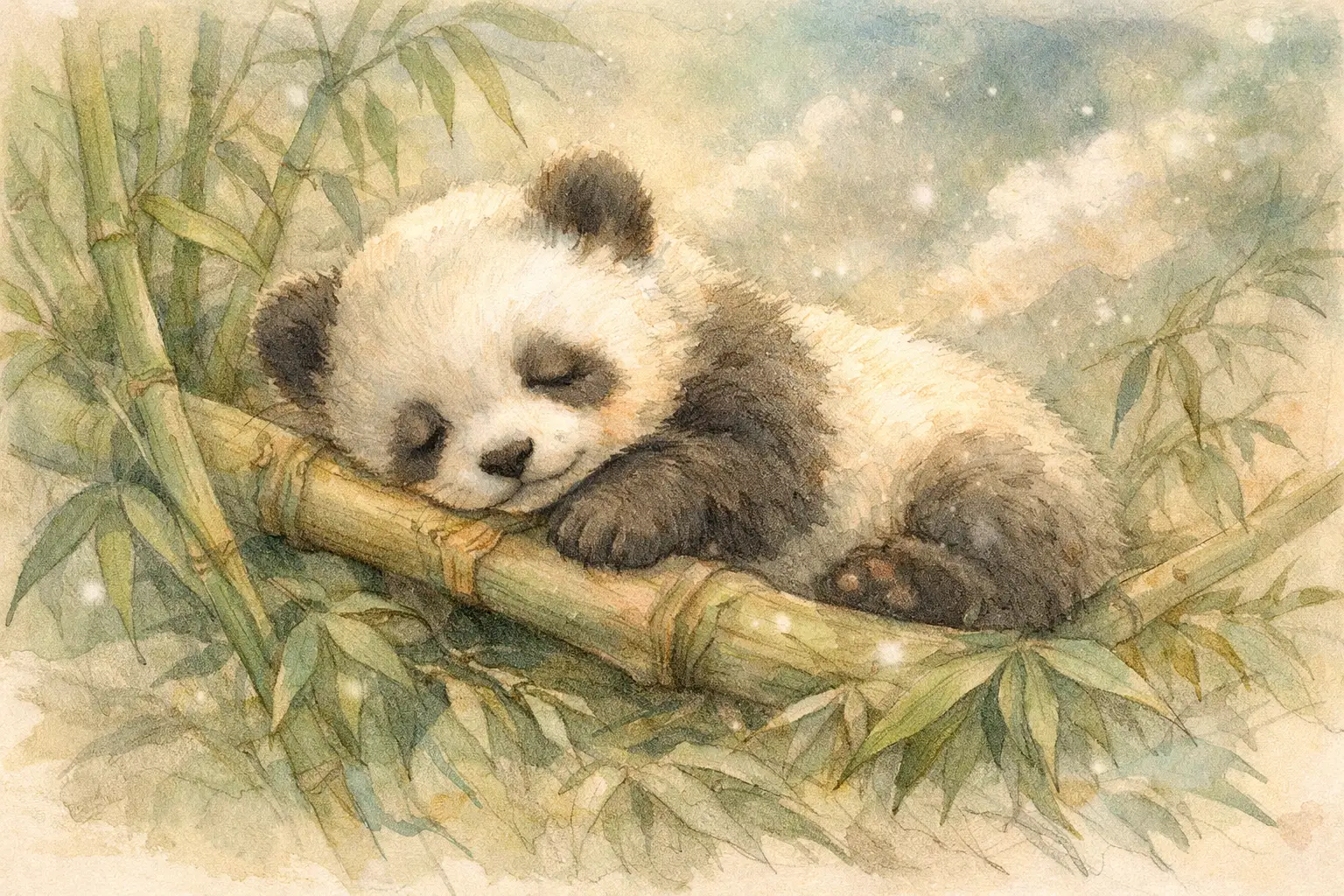 Sleepy panda cub resting in soft watercolor bamboo