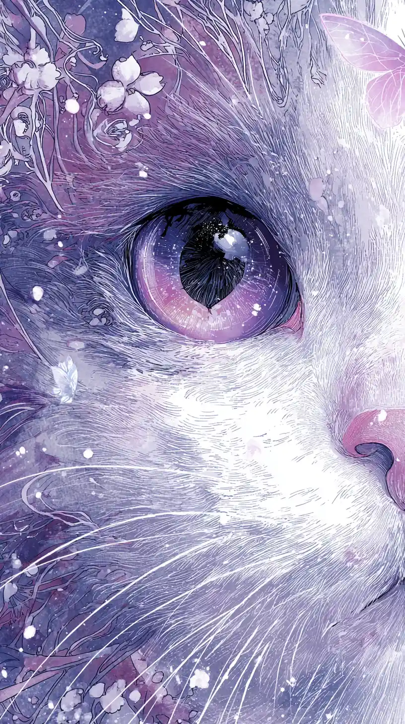 Close up fantasy cat face with violet eyes and blossoms