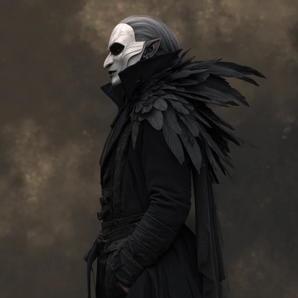 Creepy elf warlock in tattered coat and white mask
