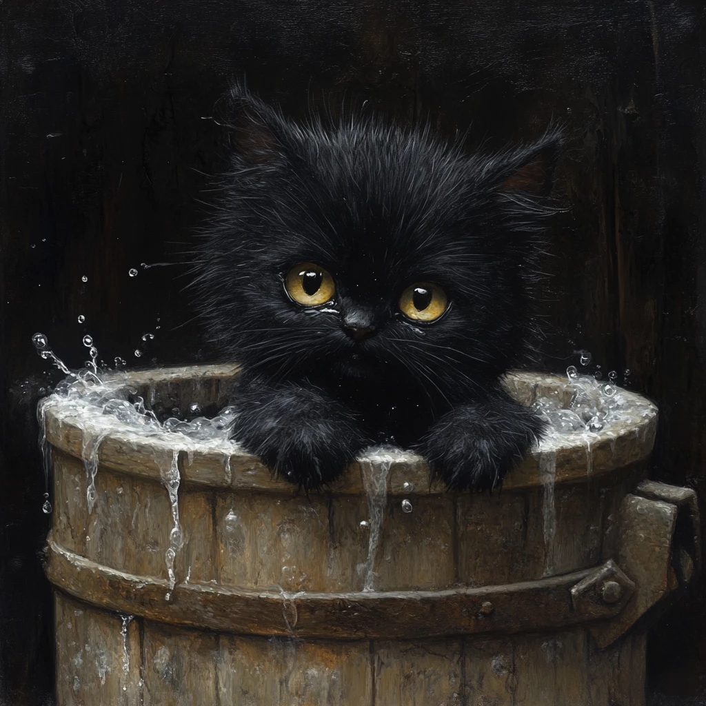Wet black kitten in a wooden tub with magical watercolor charm
